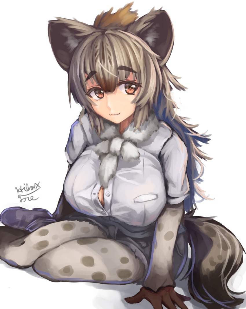 10s 1girl :3 animal_ears animal_print bow bowtie breasts brown_eyes brown_hair bursting_breasts buttons cleavage closed_mouth commentary_request female_focus fur_collar fur_trim gloves hibax-fre highres hyena_ears hyena_tail kemono_friends large_breasts looking_at_viewer pantyhose pantyhose_under_shorts partially_unbuttoned pocket seiza shirt shorts signature simple_background sitting smile solo spots spotted_hyena_(kemono_friends) tail white_background