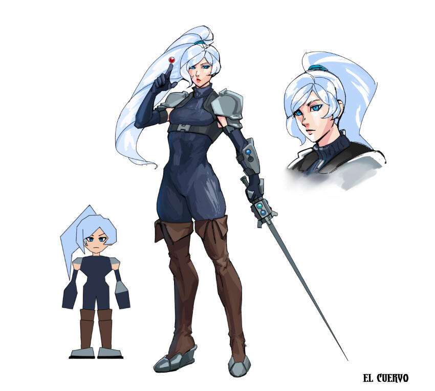armor blue_eyes bodysuit crossover el_cuervo final_fantasy final_fantasy_vii gloves highres holding holding_weapon long_hair low_poly materia ponytail rwby shoulder_armor sword thighhighs watermark weapon weiss_schnee white_hair