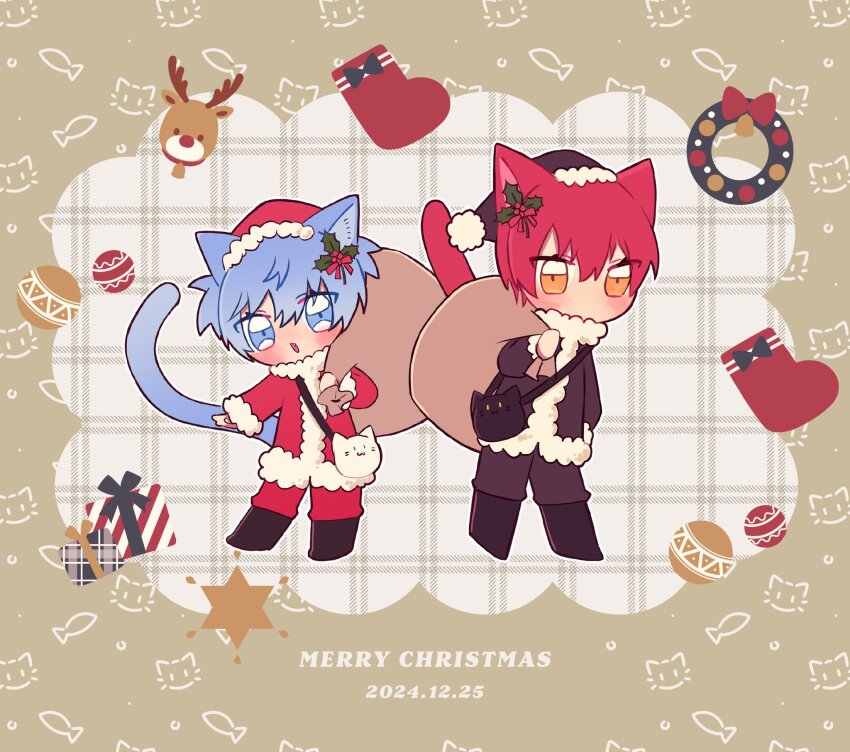 2boys akabane_karma animal_bag animal_ears animal_print ansatsu_kyoushitsu bag ball bell black_footwear black_jacket black_pants blue_eyes blue_hair blush boots border box brown_border cat_bag cat_ears cat_print cat_tail chibi chibi_only christmas_stocking christmas_wreath dated fish_print full_body fur-trimmed_headwear fur-trimmed_jacket fur_collar fur_trim gift gift_box hair_between_eyes hair_ornament hand_on_own_hip hat highres holding holding_sack holly_hair_ornament jacket knee_boots long_sleeves male_focus merry_christmas multiple_boys no_mouth no_nose outstretched_arm pants plaid_background polka_dot polka_dot_background pom_pom_(clothes) red_hair red_jacket red_pants red_ribbon ribbon rudolph_the_red_nosed_reindeer sack santa_costume santa_hat shiota_nagisa short_hair short_twintails shoulder_bag star_(symbol) tail twintails wreath yellow_eyes yokunetena