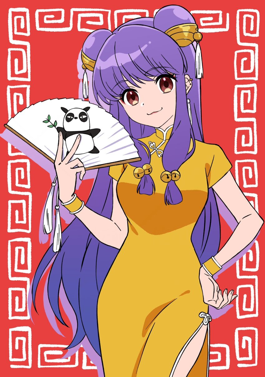 1girl bracelet china_dress chinese_clothes commentary double_bun dress hair_bun hand_fan hand_on_own_hip haruru_(dontacocon) highres holding holding_fan jewelry looking_at_viewer panda purple_hair ranma_1/2 saotome_genma_(panda) shampoo_(ranma_1/2) short_sleeves side_slit sidelocks smile solo symbol-only_commentary yellow_dress