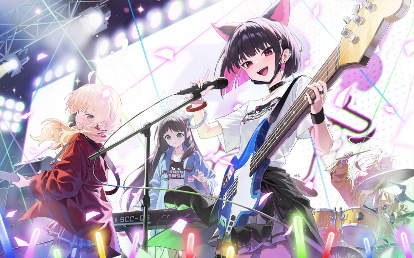4girls absurdres after-school_sweets_club_(blue_archive) ahoge airi_(band)_(blue_archive) airi_(blue_archive) animal_ears bass_guitar black_choker black_hair blonde_hair blue_archive blue_jacket bracelet brown_hair cat_ears choker clothes_around_waist colored_inner_animal_ears colored_inner_hair commentary_request concert confetti drum drum_set drumsticks extra_ears fender_jazz_bass glowstick green_eyes green_halo hair_bun halo highres holding holding_drumsticks holding_microphone instrument jacket jacket_around_waist jewelry kazusa_(band)_(blue_archive) kazusa_(blue_archive) korean_commentary long_hair long_sleeves looking_at_viewer low_twintails microphone microphone_stand miniskirt multicolored_hair multiple_girls natsu_(band)_(blue_archive) natsu_(blue_archive) official_alternate_costume open_clothes open_jacket open_mouth pink_hair pink_halo pink_skirt plaid_clothes plaid_skirt playing_guitar playing_instrument pleated_skirt print_shirt purple_eyes red_jacket ring shirt short_hair short_sleeves single_side_bun skirt t-shirt twintails two-tone_hair u.rang white_shirt yellow_halo yellow_jacket yoshimi_(band)_(blue_archive) yoshimi_(blue_archive)