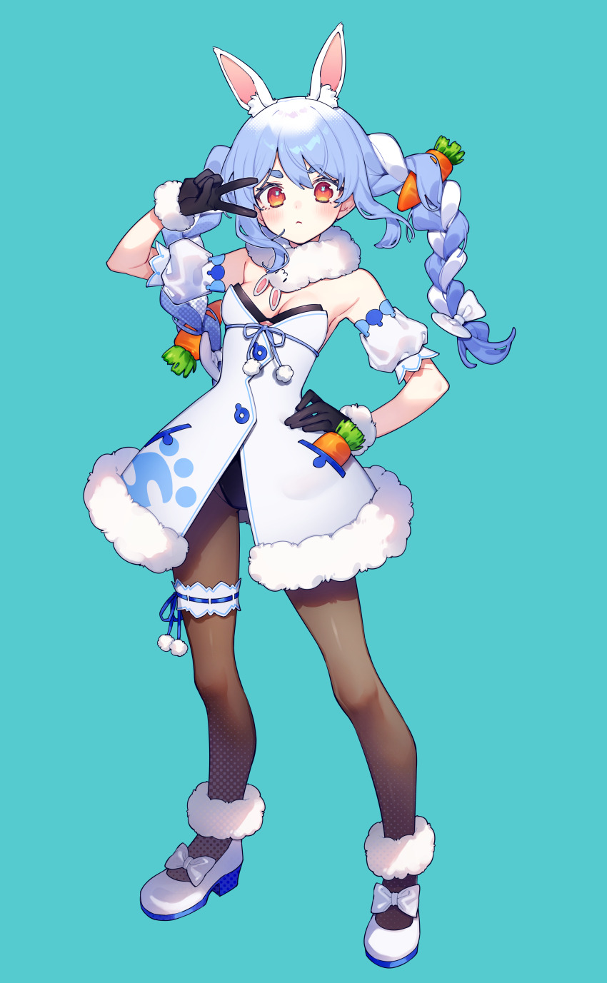 1girl absurdres animal_ears black_gloves blue_hair braid carrot carrot_hair_ornament carrot_in_pocket chiyomaru_(yumichiyo0606) don-chan_(usada_pekora) food-themed_hair_ornament fur_scarf gloves hair_ornament highres hololive leotard leotard_under_clothes long_hair multicolored_hair orange_eyes pantyhose rabbit-shaped_pupils rabbit_ears rabbit_girl short_eyebrows simple_background solo symbol-shaped_pupils thick_eyebrows twin_braids twintails two-tone_hair usada_pekora usada_pekora_(1st_costume) v virtual_youtuber white_hair
