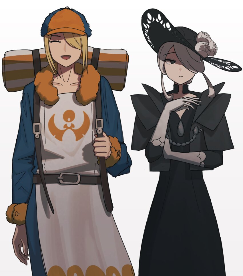 1boy 1girl :d belt black_dress black_hat blonde_hair brown_belt closed_eyes closed_mouth cogita_(pokemon) dress facing_viewer flower fur-trimmed_jumpsuit fur_trim gloves grey_hair hair_over_one_eye hat hat_flower highres holding_strap jumpsuit long_sleeves nintendo open_mouth pokemon pokemon_legends:_arceus short_hair sideways_glance simple_background smile umebosi_nigame volo_(pokemon) white_background