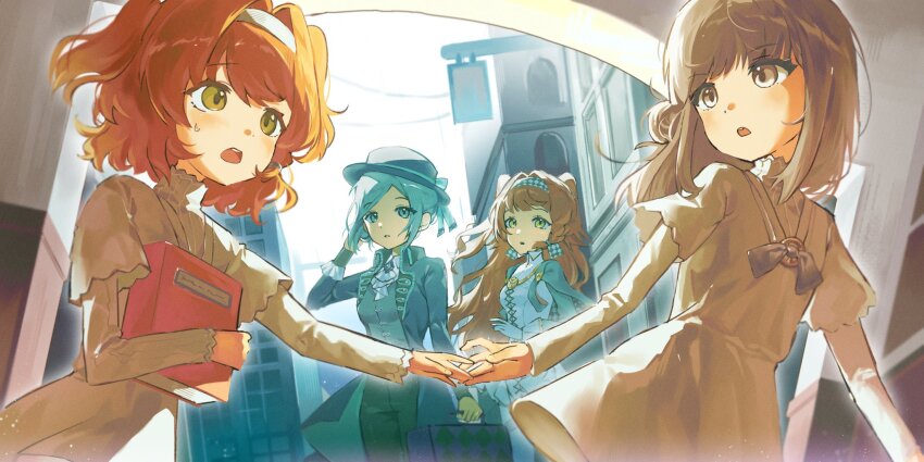 4girls :o aged_down ascot black_bow black_bowtie black_coat black_hat black_pants black_vest blue_bow book bow bowtie building checkered_hairband coat dress green_eyes grey_eyes grey_hair guni_(9guniguni) hair_bun hairband hand_up hat hat_bow highres holding holding_book holding_hands holding_suitcase hugging_book hugging_object layered_sleeves long_sleeves looking_at_another looking_at_viewer looking_back medium_hair multiple_girls orange_hair pants reverse:1999 short_hair short_over_long_sleeves short_sleeves single_side_bun sonetto_(reverse:1999) suitcase time_paradox traditional_bowtie two_side_up vertin_(reverse:1999) vest waistcoat white_ascot white_dress white_hairband