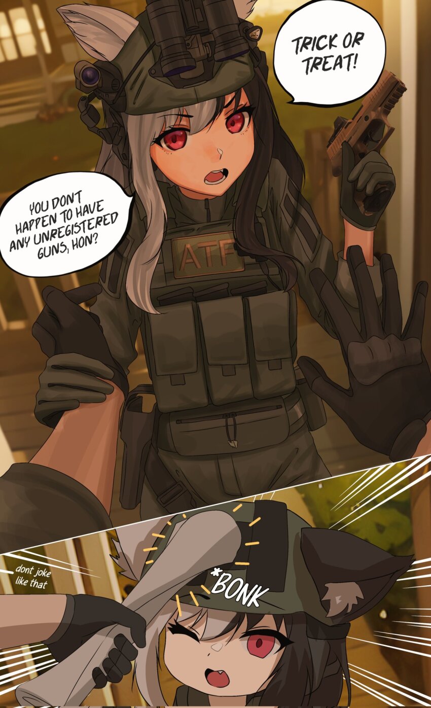 1boy 1girl animal_ears atf black_gloves black_pants bonk brown_shirt bulletproof_vest cat_ears cat_girl dgkamikaze doorway fang gloves grey_hair gun hair_between_eyes halloween handgun highres holding holding_gun holding_weapon holster long_hair long_sleeves looking_at_another motion_lines multicolored_hair multiple_views one_eye_closed open_mouth original pants pouch pov red_dot_sight red_eyes shirt sidelocks speech_bubble two-tone_hair weapon