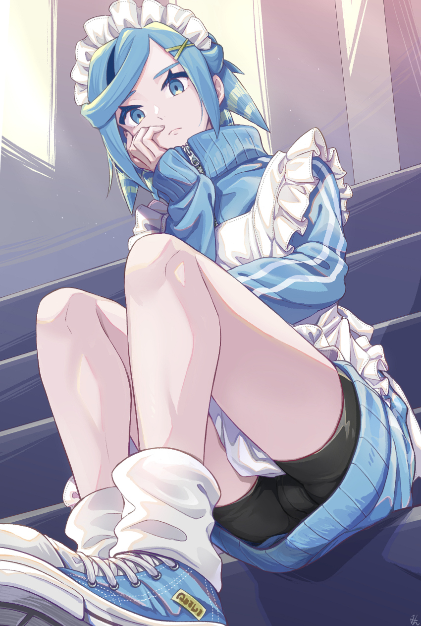 1boy alternate_costume apron bike_shorts blue_eyes blue_hair blue_jacket blue_shoes closed_mouth commentary_request crossdressing eyelashes from_below grusha_(pokemon) hair_ornament hand_up head_rest high_collar highres jacket jersey_maid knees leg_warmers long_sleeves looking_down maid maid_headdress male_focus min_(myna8247) nintendo pokemon pokemon_sv shoes sitting sitting_on_stairs sneakers solo stairs unconventional_maid white_apron x_hair_ornament zipper zipper_pull_tab