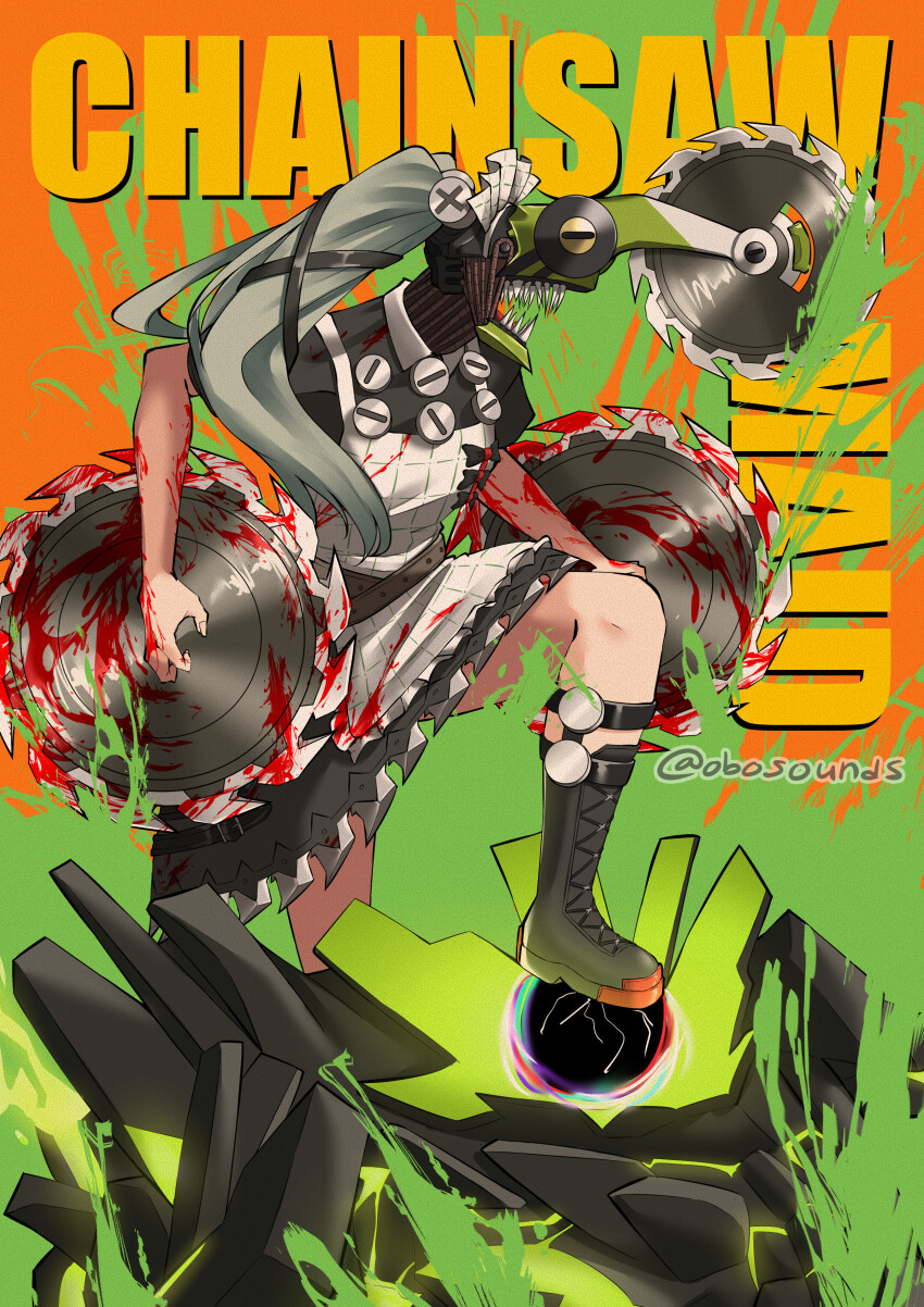 1girl absurdres black_boots black_dress blood blood_on_arm bloody_weapon boots chainsaw_man circular_saw corin_wickes dress ethereal_(zenless_zone_zero) green_hair highres knee_boots long_hair maid_headdress obosounds saw solo twintails weapon zenless_zone_zero