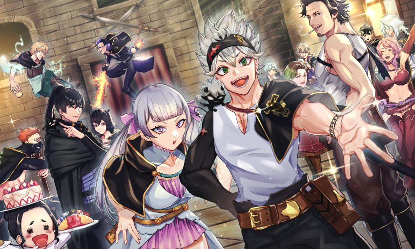 absurdres asta_(black_clover) black_clover black_hair breasts charmy_pappitson closed_eyes finral_roulacase garter_straps gauche_adlai gordon_agrippa green_eyes grey_(black_clover) henry_legolant highres large_breasts long_hair luck_voltia magna_swing midriff multiple_boys multiple_girls navel noelle_silva open_mouth pink_hair purple_eyes secre_swallowtail silver_hair smile thighhighs twintails vanessa_enoteca yami_sukehiro zora_ideale
