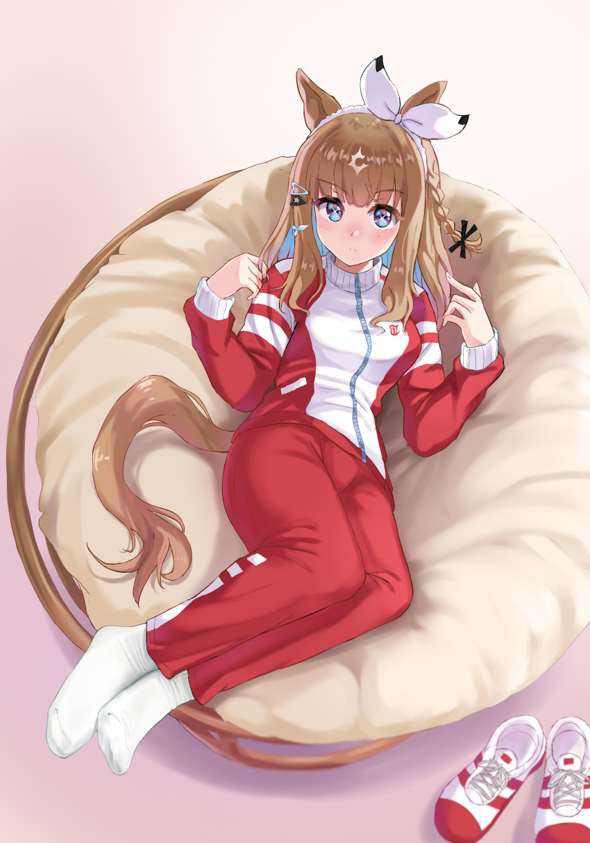 +_+ 1girl absurdres almond_eye_(umamusume) animal_ears bean_bag_chair blue_eyes bow braid brown_hair closed_mouth colored_inner_hair commentary_request ear_bow evefly_megane_p feet gradient_background hair_between_eyes hair_ornament hairband highres horse_ears horse_girl horse_tail jacket jersey long_hair lying multicolored_hair no_shoes on_side pants red_jacket red_pants shoes sitting socks solo streaked_hair tail tracen_training_uniform track_jacket track_pants track_suit umamusume unworn_shoes white_bow white_hair white_hairband white_socks x_hair_ornament yokozuwari