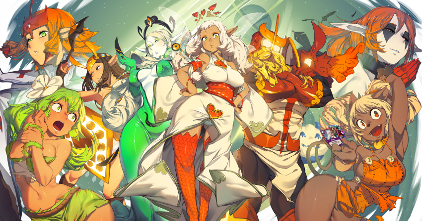 1boy 6+girls absurdres animal_ears armpits breasts card dofus ecaflip eniripsa eureka_brider feca furry furry_female glowing glowing_eyes gluteal_fold green_eyes green_hair highres iop_(wakfu) krosmaga large_breasts midriff multiple_girls navel no_panties orange_eyes orange_hair panties pantyshot pointy_ears sadida thighs underwear white_hair