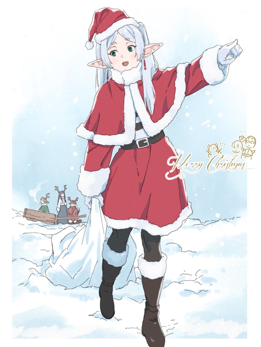 2boys 2girls antlers boots capelet christmas dress earrings fern_(sousou_no_frieren) frieren full_body green_eyes hat highres horns jewelry long_hair multiple_boys multiple_girls open_mouth pointy_ears red_capelet red_hair reindeer_antlers santa_costume santa_dress santa_hat sein_(sousou_no_frieren) shinashina smile sousou_no_frieren stark_(sousou_no_frieren) white_hair