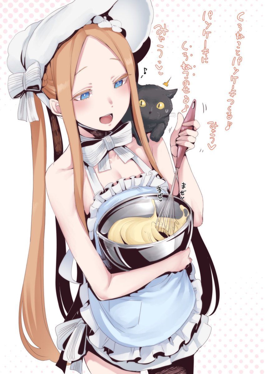 1girl abigail_williams_(fate) abigail_williams_(swimsuit_foreigner)_(fate) abigail_williams_(swimsuit_foreigner)_(third_ascension)_(fate) apron bare_shoulders batter bikini black_cat blonde_hair blue_eyes blush bonnet bow bowl braid breasts cat fate/grand_order fate_(series) forehead hair_bow hair_rings highres long_hair nakamura_regura naked_apron open_mouth parted_bangs sidelocks simple_background small_breasts smile swimsuit translation_request twin_braids twintails very_long_hair whisk white_apron white_background white_bikini white_bow white_headwear
