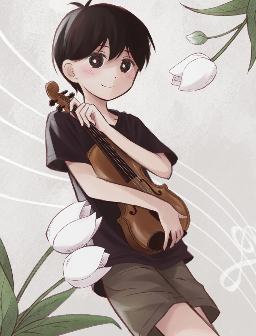 1boy absurdres black_eyes black_hair black_shirt blush bright_pupils brown_shorts closed_mouth flower highres holding holding_instrument holding_violin instrument looking_at_viewer male_focus omori segue5o shirt short_hair short_sleeves shorts smile solo sunny_(omori) t-shirt tulip violin white_pupils