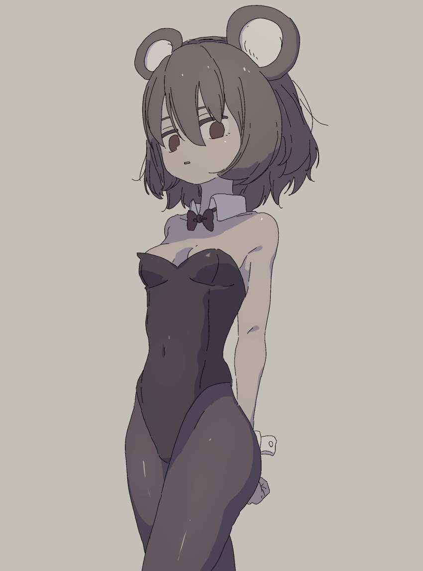 1girl absurdres alternate_costume animal_ears bare_shoulders black_leotard black_pantyhose bow bowtie breasts brown_eyes collar collarbone covered_navel cowboy_shot detached_collar grey_background grey_hair hair_between_eyes highleg highleg_leotard highres leotard looking_at_viewer mouse_ears mouse_girl nazrin open_mouth pantyhose playboy_bunny red_bow red_bowtie short_hair small_breasts solo standing strapless strapless_leotard touhou traditional_bowtie uzou_(uzooooooooo) white_collar white_wrist_cuffs wrist_cuffs