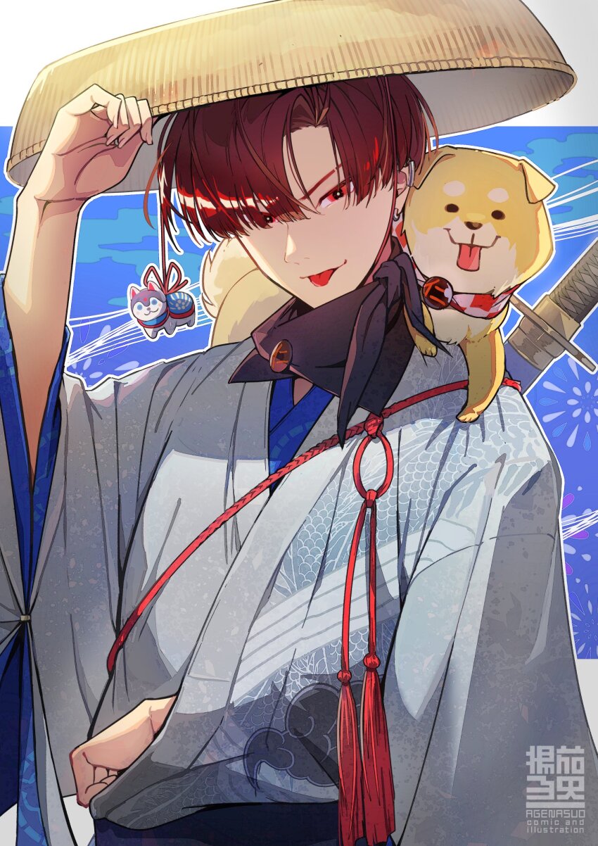 1boy age_nasuo ajirogasa artist_logo blue_background dog dog_on_shoulder ear_piercing fate/grand_order fate_(series) hat highres japanese_clothes katana kimono logo male_focus piercing red_eyes red_hair sandogasa scarf sword takasugi_shinsaku_(fate) takasugi_shinsaku_(first_ascension)_(fate) tongue tongue_out weapon