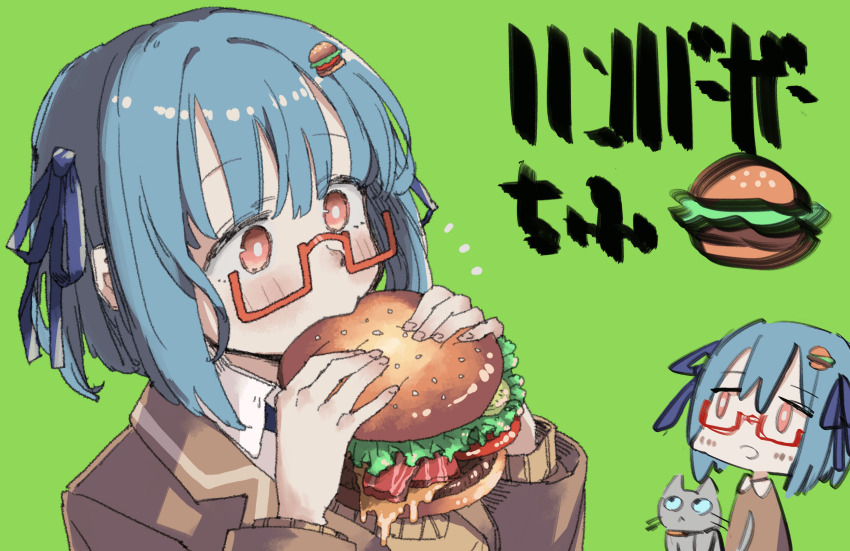 1girl blue_hair blue_ribbon blush brown_jacket burger cat commentary eating food food-themed_hair_ornament glasses green_background hair_ornament hair_ribbon hamburger-chan_(hundredburger) highres holding holding_burger holding_food jacket long_sleeves multiple_views omochi_chowder open_mouth original red-framed_eyewear red_eyes ribbon short_hair simple_background symbol-only_commentary upper_body