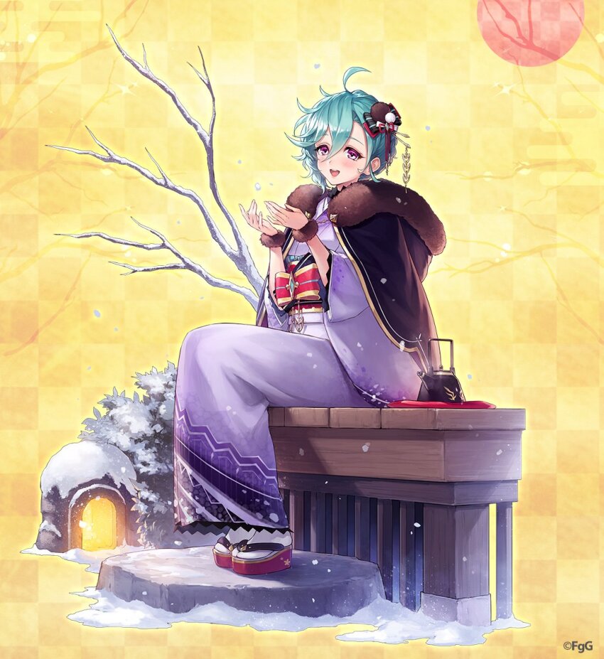 1girl abaris_(phantom_of_the_kill) ahoge aqua_hair ayi_(gumi) blush checkered_background commentary_request full_body hair_behind_ear hair_between_eyes hair_ornament hands_up highres japanese_clothes kimono looking_at_viewer obi official_alternate_costume official_art open_mouth phantom_of_the_kill pink_eyes platform_sandals purple_kimono red_sandals sandals sash second-party_source sitting snow socks solo tabi teeth tree upper_teeth_only veranda white_socks zouri