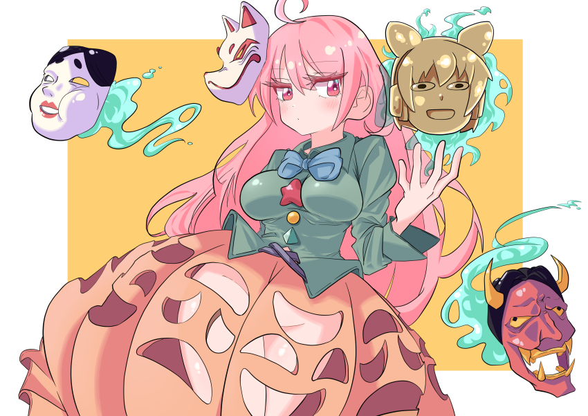 1girl absurdres ahoge blue_bow blue_bowtie blush bow bowtie dress fox_mask green_shirt groin happynalga hashtag-only_commentary hata_no_kokoro highres hobble_dress legs long_dress long_hair long_sleeves looking_at_viewer mask new_mask_of_hope noh_mask orange_background orange_dress pink_hair shirt solo touhou