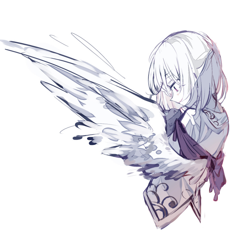 1girl angel_wings bow bowtie braid dress feathered_wings french_braid grey_hair highres jacket kishin_sagume purple_dress red_bow red_bowtie single_wing solo suit_jacket touhou upper_body white_wings wings zhixie_jiaobu