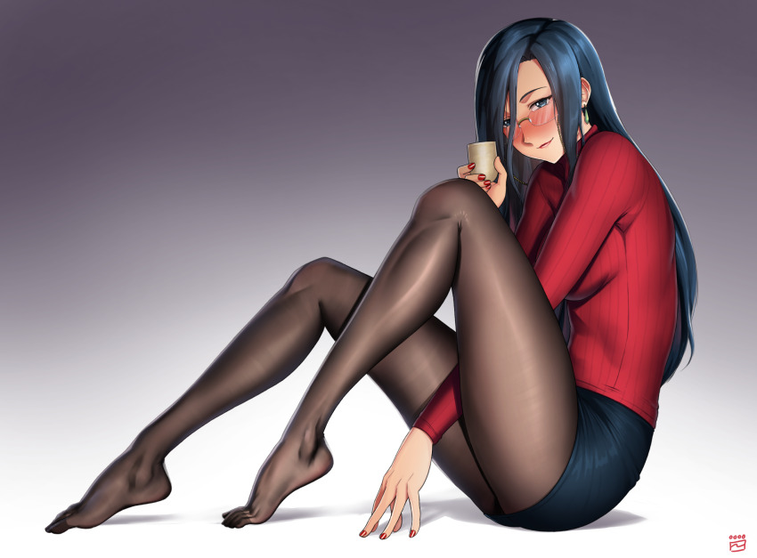 1girl black_hair black_pantyhose blue_eyes blue_skirt cup feet finalcake glasses hat_over_eyes highres holding holding_cup justice_gakuen long_hair long_sleeves minazuki_kyouko no_shoes pantyhose pencil_skirt red_sweater ribbed_sweater skirt sweater turtleneck
