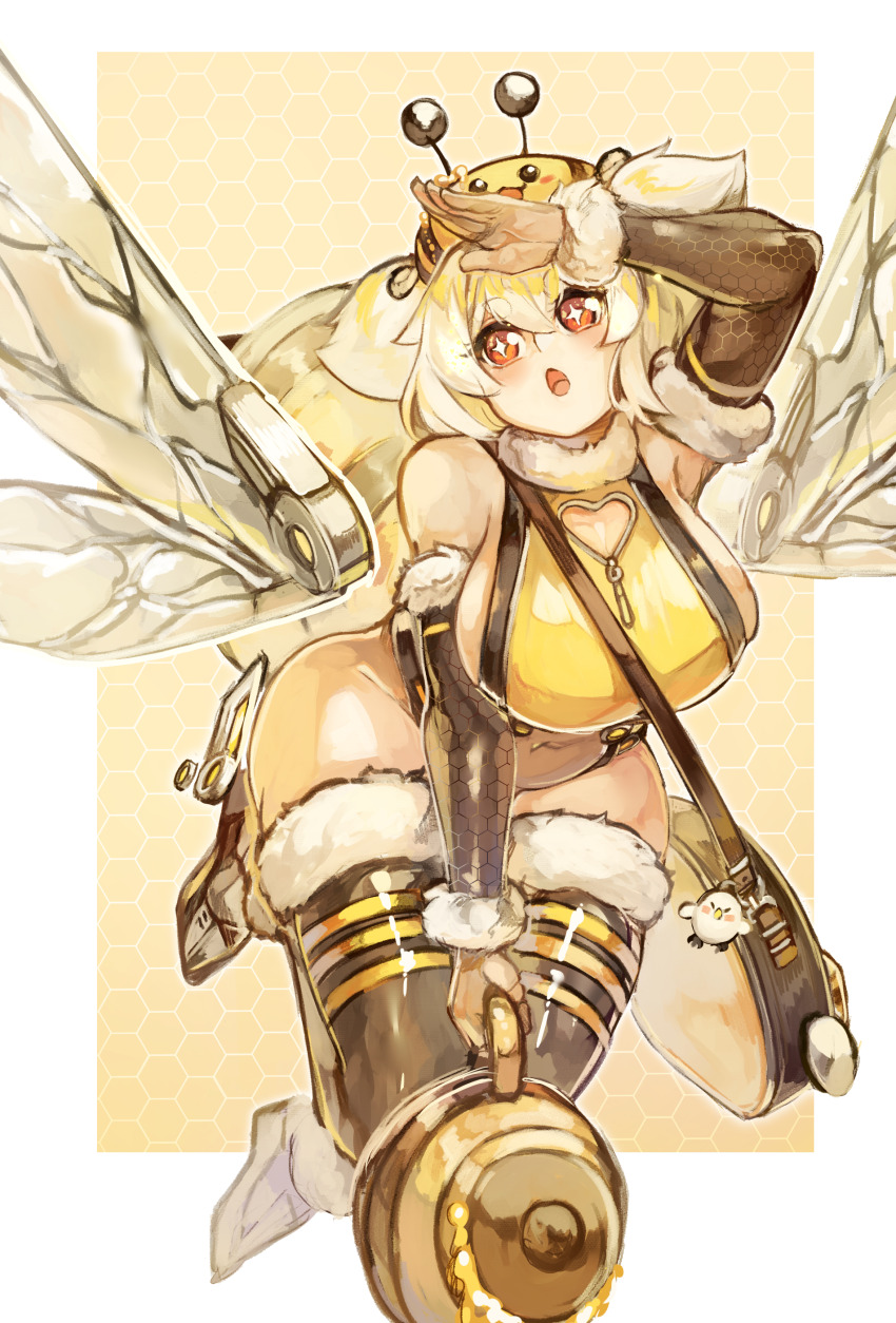 1girl absurdres alternate_costume alvis_(last_origin) aqua_(last_origin) aqua_(last_origin)_(cosplay) bag bare_shoulders bee bee_costume bee_wings breasts bug bug_costume character_request cosplay female_focus flying highres honey insect insect_wings large_breasts larribee last_origin leotard red_eyes shiny_skin solo sparkling_eyes standing thick_thighs thighs white_hair wide_hips wings