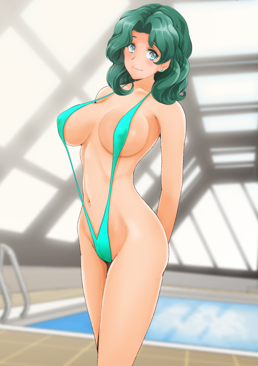1girl absurdres bishoujo_senshi_sailor_moon blue_eyes blush breasts cameltoe closed_mouth collarbone earrings green_hair green_slingshot_swimsuit highres indoors jewelry kaiou_michiru large_breasts long_hair looking_at_viewer nanashi_noiji navel sailor_neptune slingshot_swimsuit smile solo swimsuit