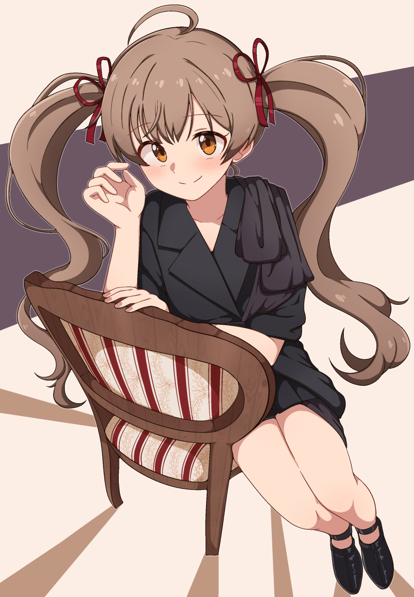 1girl absurdres ahoge black_jacket black_shoes brown_eyes brown_hair closed_mouth collarbone collared_jacket dot_nose eyelashes from_above full_body hair_ribbon hakozaki_serika hand_up highres idolmaster idolmaster_million_live! idolmaster_million_live!_theater_days jacket light_smile long_hair looking_at_viewer milliani on_chair red_ribbon ribbon shoes sidelocks simple_background sitting solo twintails very_long_hair wavy_hair