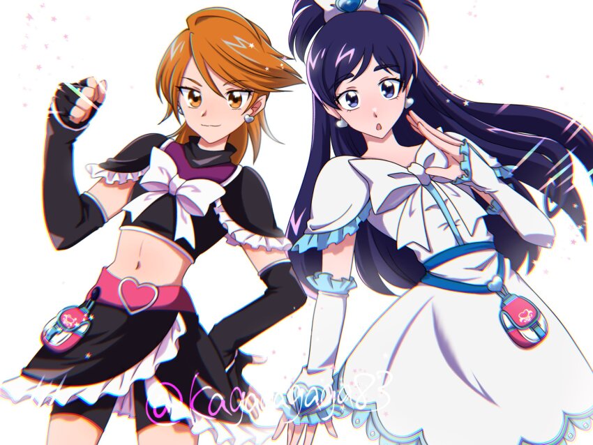 2girls bike_shorts_under_skirt black_dress black_gloves black_shorts bow bowtie brown_eyes clenched_hand cowboy_shot cure_black cure_white dress earrings elbow_gloves fingerless_gloves frilled_dress frills futari_wa_precure gloves hair_bow heart high_ponytail highres jewelry kagagagaga83 light_smile long_hair looking_at_viewer midriff misumi_nagisa multiple_girls navel ponytail precure purple_eyes purple_hair red_hair short_hair shorts shoulder_pads simple_background star_(symbol) twitter_username white_background white_bow white_bowtie white_dress white_gloves yukishiro_honoka