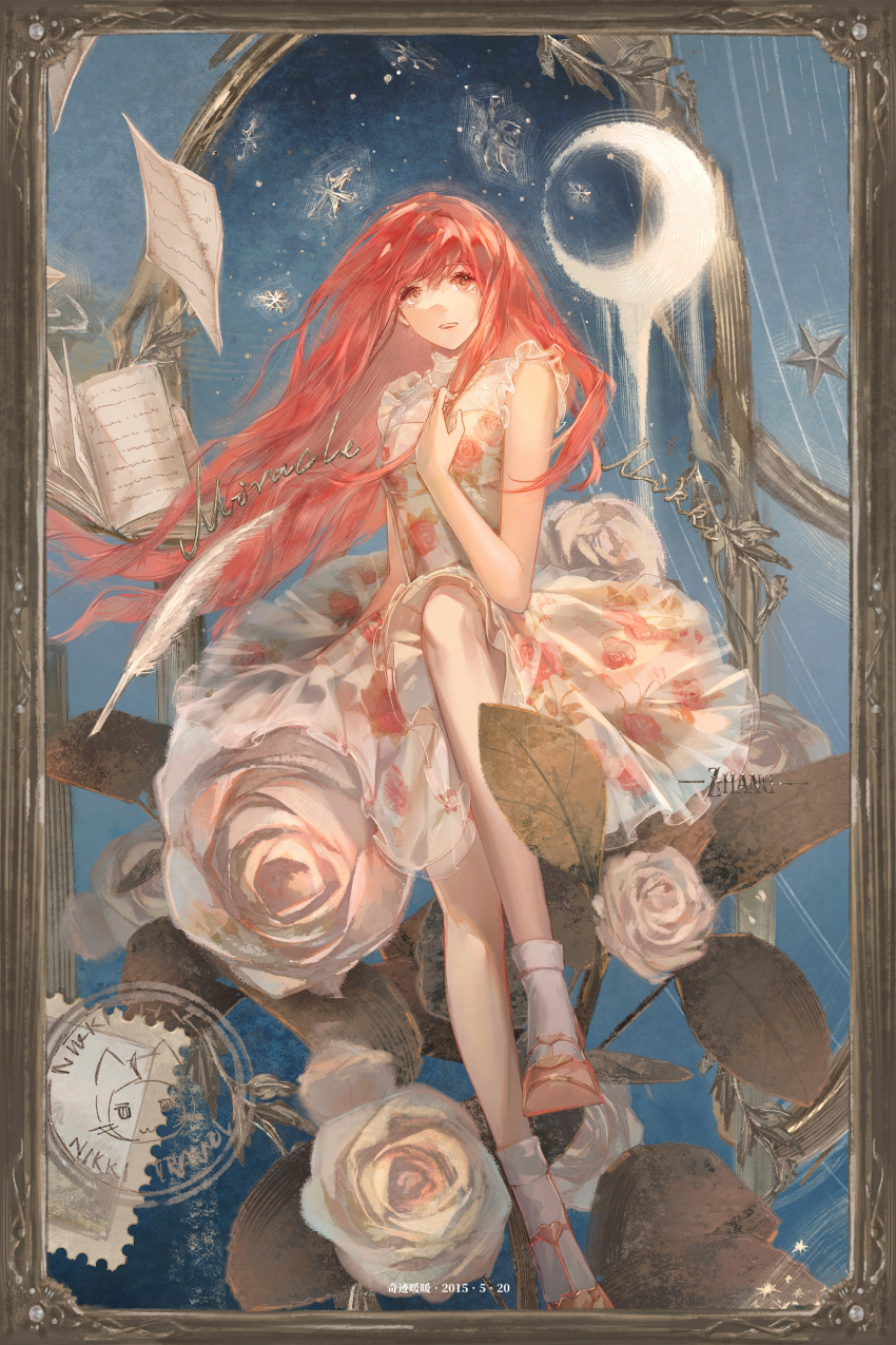 1girl absurdres bare_arms bare_legs bare_shoulders blue_background book brown_eyes chinese_commentary commentary_request crescent_moon dated dress dripping eyelashes floating_hair floral_print flower frilled_shirt frills full_body happy highres holding holding_own_hair knee_up knees leaf long_hair medium_dress miracle_nikki moon night night_sky nikki_(nikki) nikki_(series) open_book open_mouth pages picture_frame pink_flower pink_hair pink_rose pink_shoes pleated_dress rose rose_print shirt shoes sidelocks sky sleeveless sleeveless_shirt smile snowflakes snowing socks solo stamp_mark star_(symbol) stars_zhangzhang strapless strapless_dress teeth turning_page upper_teeth_only very_long_hair white_dress white_shirt white_socks window