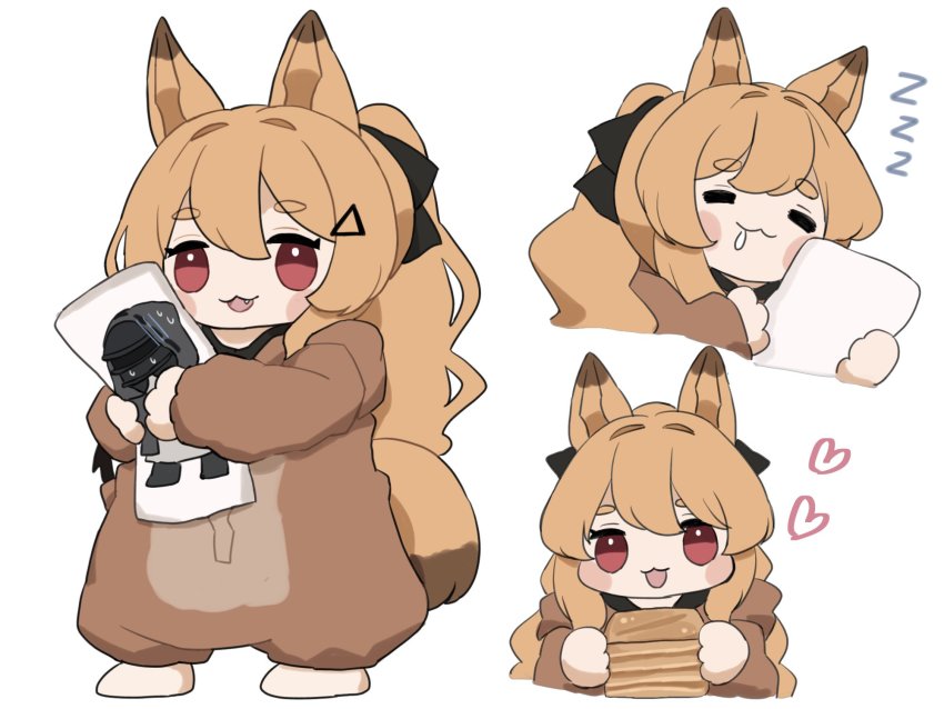 1girl :3 :d =_= animal_ears arknights baklava black_bow blush_stickers bow ceobe_(arknights) chibi cropped_torso dakimakura_(object) doctor_(arknights) dog_ears dog_girl dog_tail drooling fang food hair_between_eyes hair_bow heart highres holding holding_food long_hair looking_at_viewer multiple_views hugging_object official_alternate_costume onesie open_mouth pillow pillow_hug red_eyes simple_background smile someyaya tail thick_eyebrows very_long_hair white_background zzz