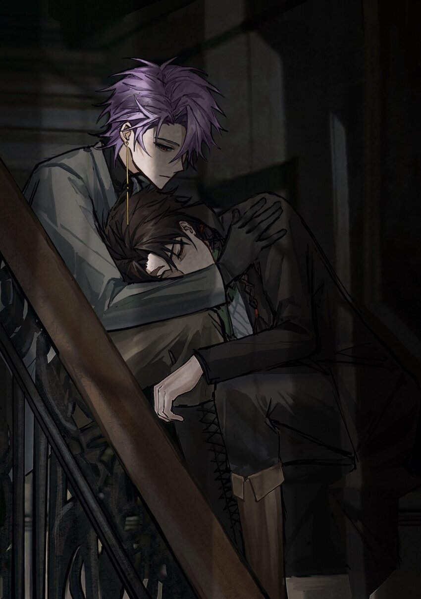 2boys banister black_boots black_coat black_gloves black_pants black_sweater bonley boots braid brown_boots brown_hair brown_pants closed_mouth coat earrings gloves grey_coat half-closed_eyes harada_minoru highres indoors jewelry lace-up_boots lap_pillow long_sleeves male_focus multiple_boys open_clothes open_coat pants purple_hair red_eyes saibou_shinkyoku scar scar_on_face scar_on_forehead short_hair side_braid single_braid sitting sitting_on_stairs stairs sweater theodore_riddle turtleneck turtleneck_sweater window_shadow
