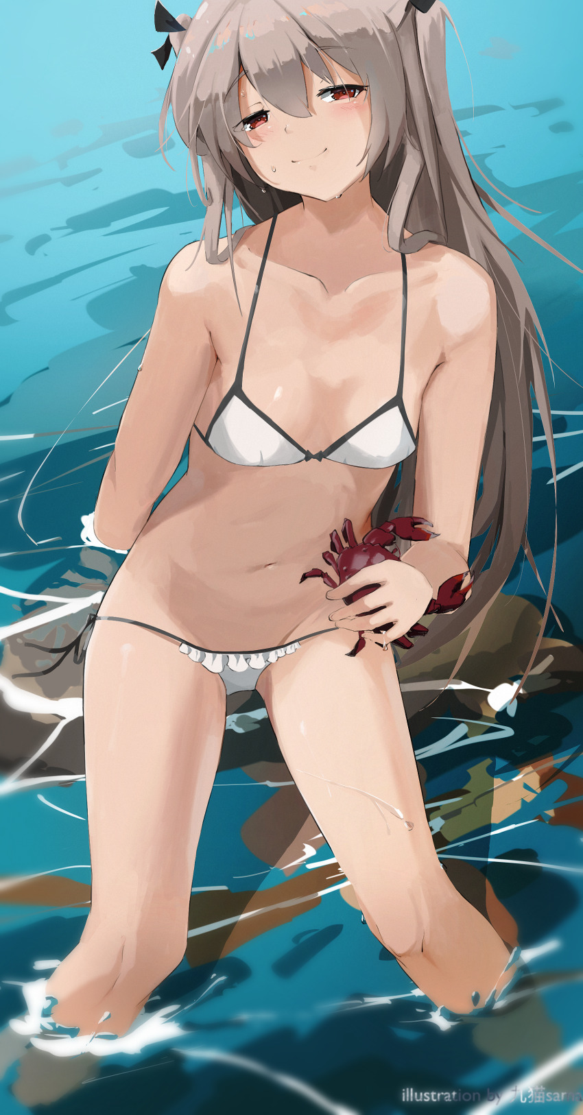 1girl absurdres atri atri-my_dear_moments- bikini breasts brown_hair crab highres in_water light_blush light_smile long_hair looking_at_viewer navel red_eyes small_breasts sweatdrop swimsuit tagme very_long_hair watermark white_bikini zuzj5424