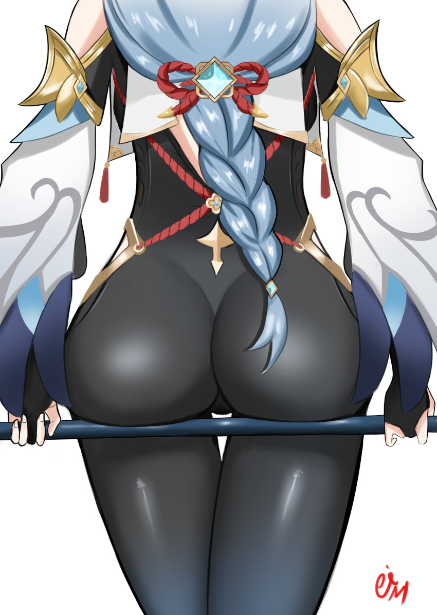 1girl absurdres ass ass_focus ass_support bare_shoulders bodysuit braid ei from_behind genshin_impact gloves highres huge_ass long_hair polearm shenhe_(genshin_impact) shiny_clothes silver_hair single_braid skin_tight solo very_long_hair weapon