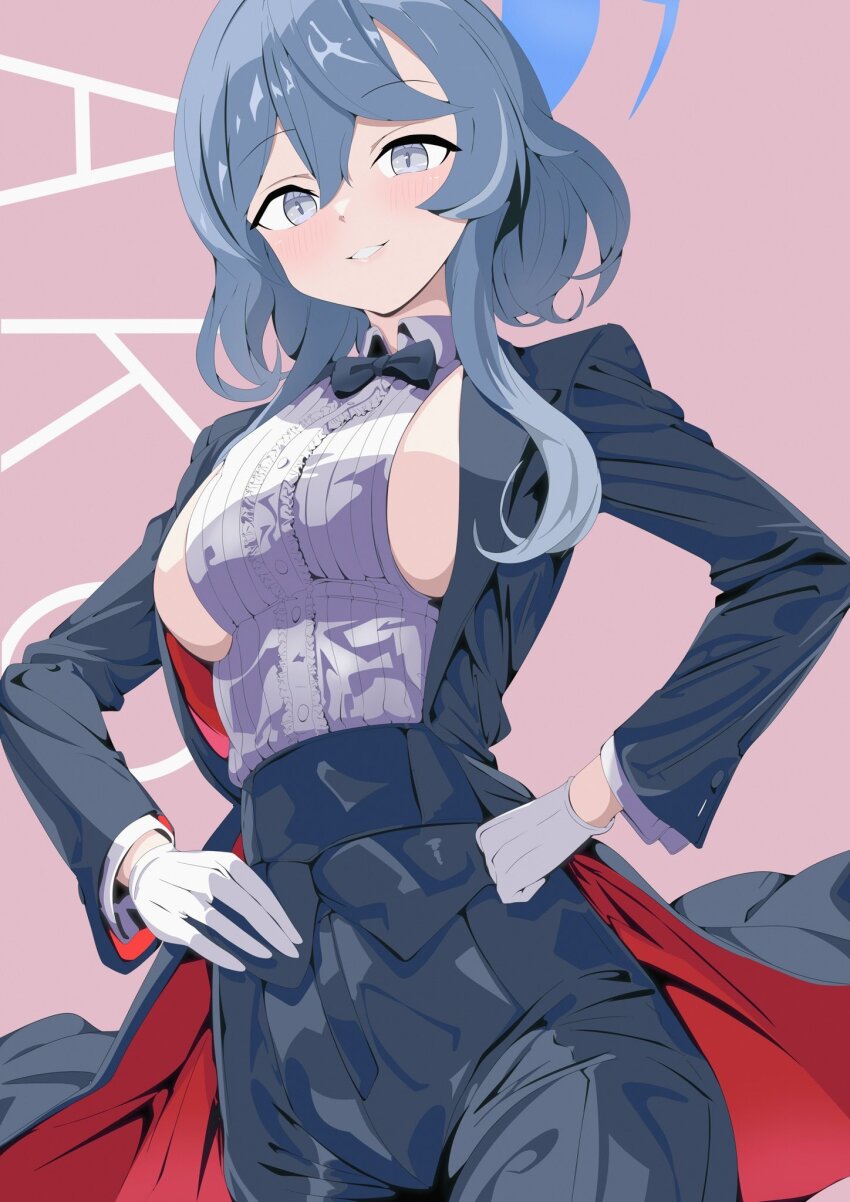 1girl ako_(blue_archive) black_bow black_bowtie black_pants blue_archive blue_eyes blue_hair blush bow bowtie breast_cutout breasts commentary_request english_text female_focus gloves hand_on_own_hip highres looking_at_viewer pants pink_hair sideboob simple_background solo tagme tuxedo uirou_(uirou2024) white_gloves