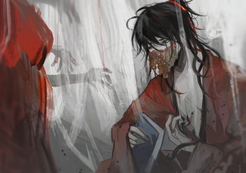 1boy 1other aaawwwssslll black_hair blood blood_on_chest book chinese_clothes chinese_commentary coin coin_mask covered_mouth creature curtains dao_gui_yi_xian extra_arms hair_between_eyes hair_ribbon half_updo hanfu highres holding holding_book holding_creature holed_coin li_huowang long_hair long_sleeves male_focus mask messy_hair monster mouth_veil open_clothes open_robe out_of_frame ponytail reaching red_eyes red_ribbon red_robe ribbon robe scar scar_on_chest sitting solo_focus string tentacles upper_body veil wide_sleeves xuan_pin