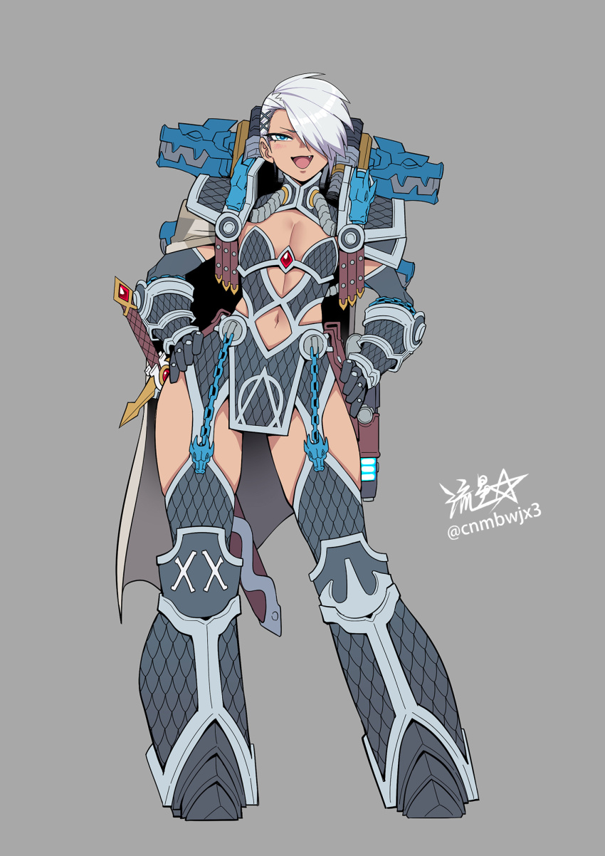 1girl alpha_legion alpharius alpharius_omegon armor breastplate breasts camouflage cape center_opening chain cleavage cleavage_cutout cloak clothing_cutout fang fang_out full_armor gauntlets genderswap genderswap_(mtf) greaves grey_background hair_over_one_eye hands_on_own_hips highres holding holding_weapon looking_at_viewer navel navel_cutout omegon open_mouth pauldrons plasma_pistol power_armor primarch ryuusei_(mark_ii) short_hair shoulder_armor signature simple_background smile standing sword undercut warhammer_40k weapon white_hair