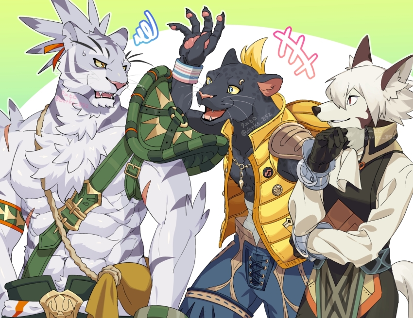 +++ 3boys abs albert_(world_flipper) animal_ears animal_hands animal_nose arm_up armor artist_name bandages belt biceps black_fur black_gloves black_pants black_vest blonde_hair blue_eyes blue_pants body_fur bracer brown_fur claw_(world_flipper) claws collarbone colored_sclera cowboy_shot eye_contact eyebrow_piercing face_piercing fangs furry furry_male gloves green_pants grey_fur grey_hair hand_on_own_chin happy high_collar hood hood_down hooded_vest hoodie knhrpnkt leopard_boy leopard_ears long_sleeves looking_at_another male_focus multicolored_hair multiple_boys muscular muscular_male nimbus_(world_flipper) no_shirt notched_ear open_clothes open_mouth open_vest orange_eyes outline pants pawpads pectorals piercing pouch red_eyes scar scar_on_arm sharp_teeth shirt short_hair shoulder_armor signature simple_background smile snout squiggle standing stroking_own_chin tail teeth tiger_boy tiger_ears tongue topknot twitter_username two-tone_background two-tone_fur two-tone_hair upper_body vest whiskers white_background white_fur white_outline white_shirt wolf_boy wolf_ears wolf_tail world_flipper wristband yellow_sclera yellow_vest
