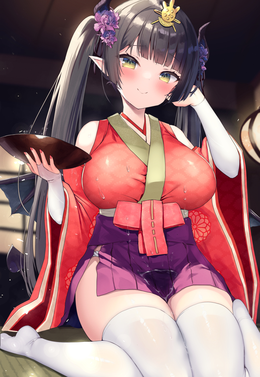 1girl absurdres bare_shoulders black_hair blush breasts cup detached_sleeves flower green_eyes hair_flower hair_ornament hairclip hakama hakama_skirt highres japanese_clothes kimono large_breasts looking_at_viewer nail_polish ochinsama original pointy_ears pouring pouring_onto_self print_kimono purple_skirt red_nails sakazuki sitting skirt smile solo thighhighs twintails wariza white_thighhighs wide_sleeves