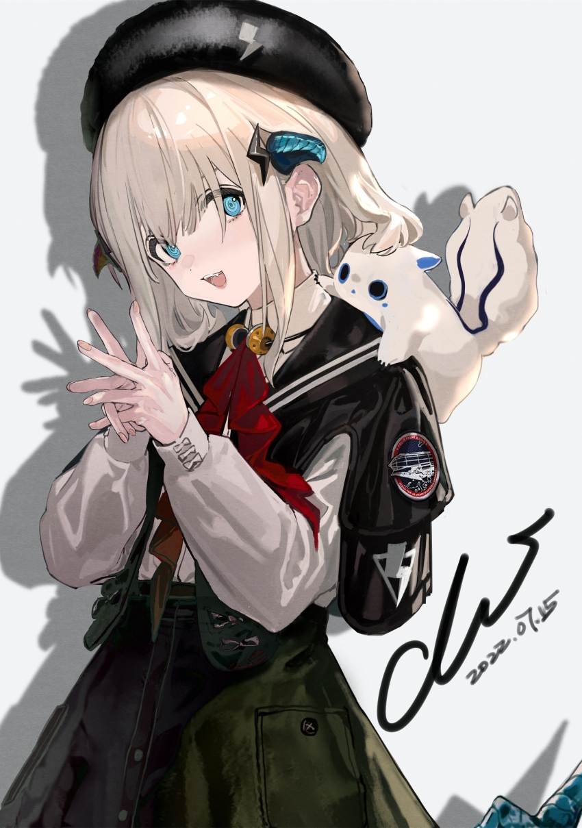 1girl :d absurdres animal animal_on_shoulder ascot beret black_hat black_sailor_collar black_skirt blue_eyes blue_horns dated fangs hair_ornament hands_up hat head_tilt highres horns lightning_bolt lightning_bolt_hair_ornament lightning_bolt_symbol looking_at_viewer mist_sequence open_mouth own_hands_clasped own_hands_together sailor_collar school_uniform serafuku short_hair sidelocks signature skirt smile solo teeth upper_body upper_teeth_only white_background white_hair white_serafuku xiao_chichi