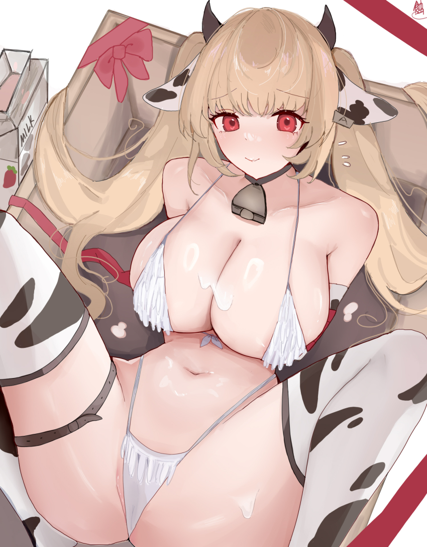 1girl animal_ears animal_print azur_lane bell bikini breasts cleavage cow_ears cow_horns cow_print cow_print_thighhighs fake_animal_ears fake_horns highleg highleg_bikini highres horns kersaint_(a_saint&#039;s_mercy_can_do_no_wrong)_(azur_lane) kersaint_(azur_lane) large_breasts light_brown_hair long_hair lying m_legs navel neck_bell official_alternate_costume on_back print_thighhighs spread_legs swimsuit thighhighs thong_bikini twintails white_bikini winter_eclipse