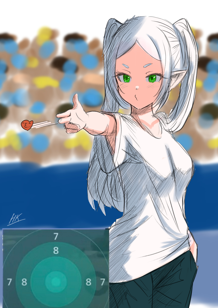 1girl 2024_summer_olympics absurdres alternate_costume blowing_kiss blue_pants crowd elf finger_gun frieren frieren_blowing_a_kiss green_eyes heart highres kein_hasegawa long_hair o3o olympics pants pointy_ears shirt sousou_no_frieren t-shirt target twintails white_hair yusuf_dikec yusuf_dikec_(meme)