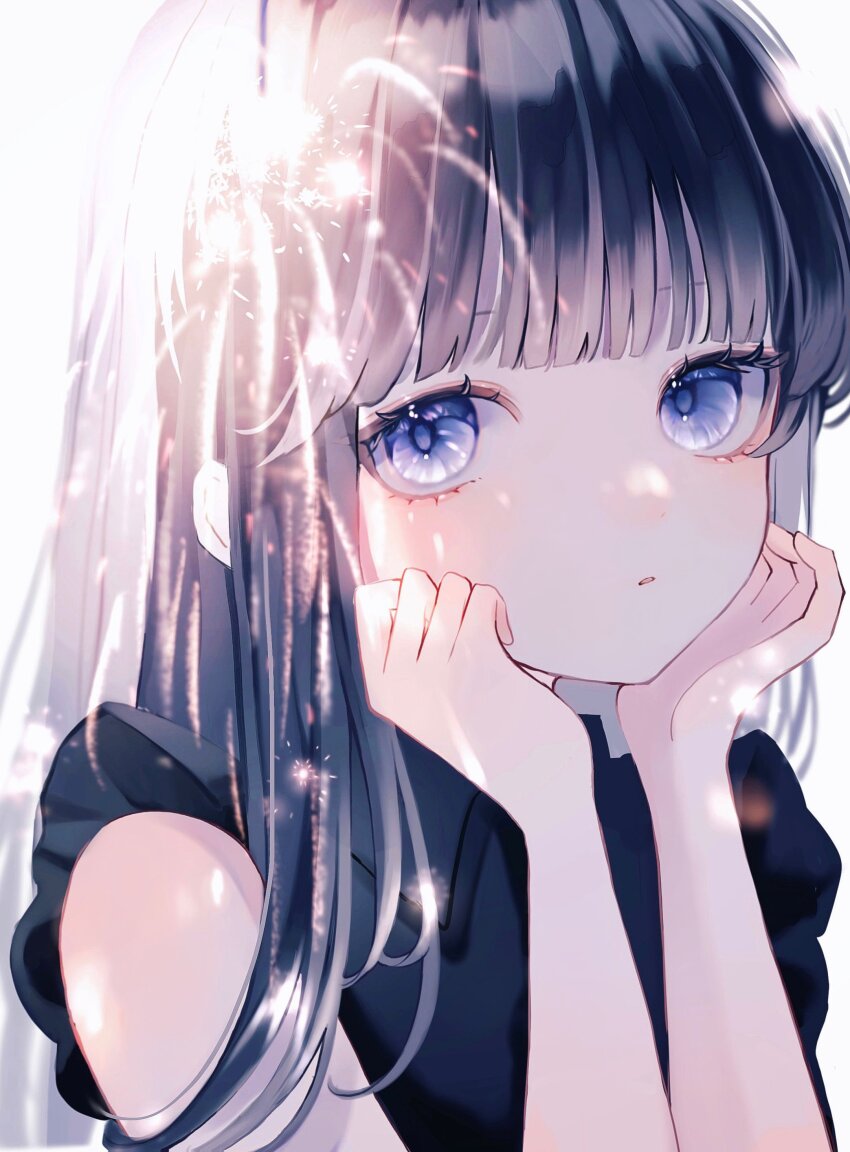 1girl absurdres ao_marumaru0720 bad_link bare_arms black_hair black_shirt blue_eyes blunt_bangs fireworks hand_on_own_cheek hand_on_own_face head_rest highres long_hair original parted_lips shirt sleeveless solo