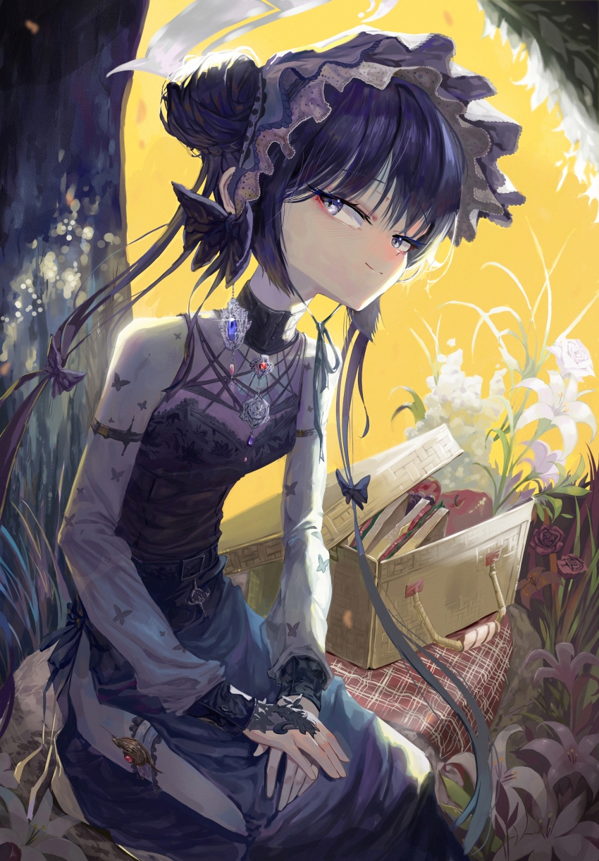1girl absurdres animal_print apple black_dress black_hair blue_archive bonnet butterfly_print dress earrings flower food fruit gem grass grey_halo hair_bun halo highres jewelry kisaki_(blue_archive) kongaru_123 picnic_basket purple_eyes sandwich sitting solo wariza white_flower