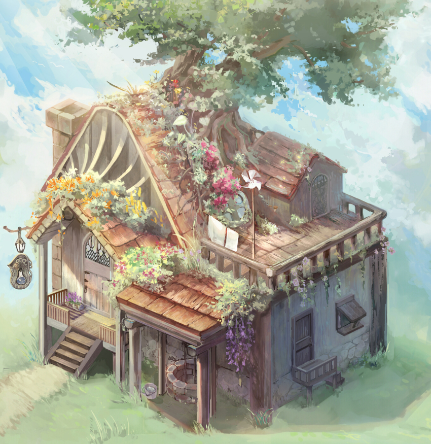blue_sky bucket building chimney cloud day door flower grass highres house nakulu no_humans orange_flower original outdoors pink_flower pinwheel plant porch potted_plant purple_flower railing rooftop scenery sky stairs sunlight tree well window yellow_flower
