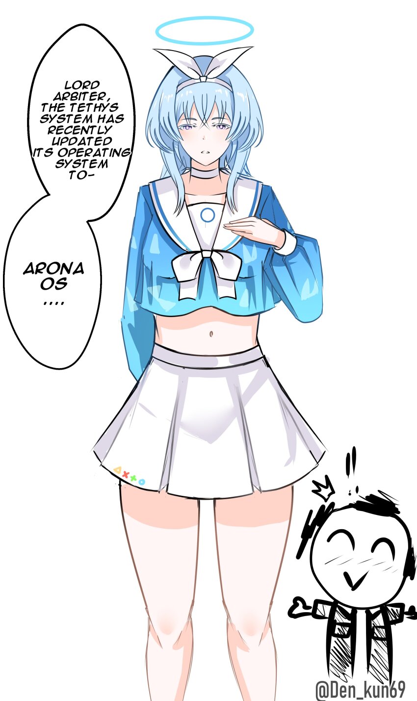 ! !! 1boy 1girl absurdres arona_(blue_archive) arona_(blue_archive)_(cosplay) blue_archive blue_hair blue_shirt breasts choker colored_eyelashes commentary cosplay den_kun69 doodle_sensei_(blue_archive) english_commentary english_text hairband half-closed_eyes halo hand_on_own_chest highres long_hair long_sleeves looking_at_viewer male_rover_(wuthering_waves) medium_breasts midriff navel purple_eyes rover_(wuthering_waves) sailor_collar sensei_(blue_archive) shirt shorekeeper_(wuthering_waves) simple_background skirt trait_connection twitter_username white_background white_choker white_hairband white_sailor_collar white_skirt wuthering_waves