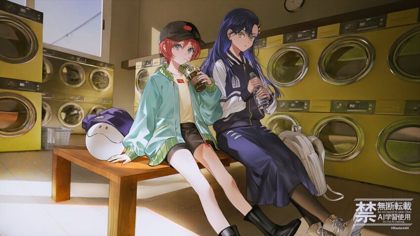 2girls alternate_costume amate_yuzuriha aqua_jacket artist_name backpack bag baseball_cap black_boots black_hat black_jacket black_shorts blue_hair blue_skirt boots bottle brown_boots brown_pantyhose commentary_request cup day disposable_cup drink drinking drinking_straw drinking_straw_in_mouth english_text gundam gundam_gquuuuuux hair_ornament hand_rest haro hat highres holding holding_bottle holding_cup holding_drink indoors jacket korean_commentary laundromat letterman_jacket long_hair long_skirt long_sleeves looking_at_viewer looking_to_the_side mandaring0 mixed-language_text multicolored_jacket multiple_girls nyaan_(gundam_gquuuuuux) on_bench open_clothes open_jacket pantyhose pencil_skirt plastic_bottle puffy_sleeves purple_hat red_eyes red_hair shirt shirt_tucked_in short_hair shorts sitting skirt twitter_username two-tone_jacket unworn_backpack unworn_bag washing_machine watermark white_bag white_jacket window yellow_eyes yellow_shirt
