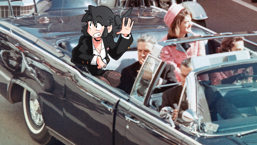 2boys 3girls absurdres american_flag badge black_car black_choker black_hair breasts brown_hair button_badge buttons car choker cleavage collarbone convertible cuff_links hat highres historical_event incoming_attack jacqueline_f._kennedy john_connally john_f._kennedy leaning_on_object limousine lincoln_(company) lincoln_continental long_bangs looking_to_the_side lucia_(scott_malin) motor_vehicle motorcycle multiple_boys multiple_girls nellie_connally original photo_inset pink_hat ponytail radio_antenna real_life reflection road roy_kellerman scott_malin shiny_skin side-view_mirror smile straight_hair texas thighhighs waving whitewall_tires windshield