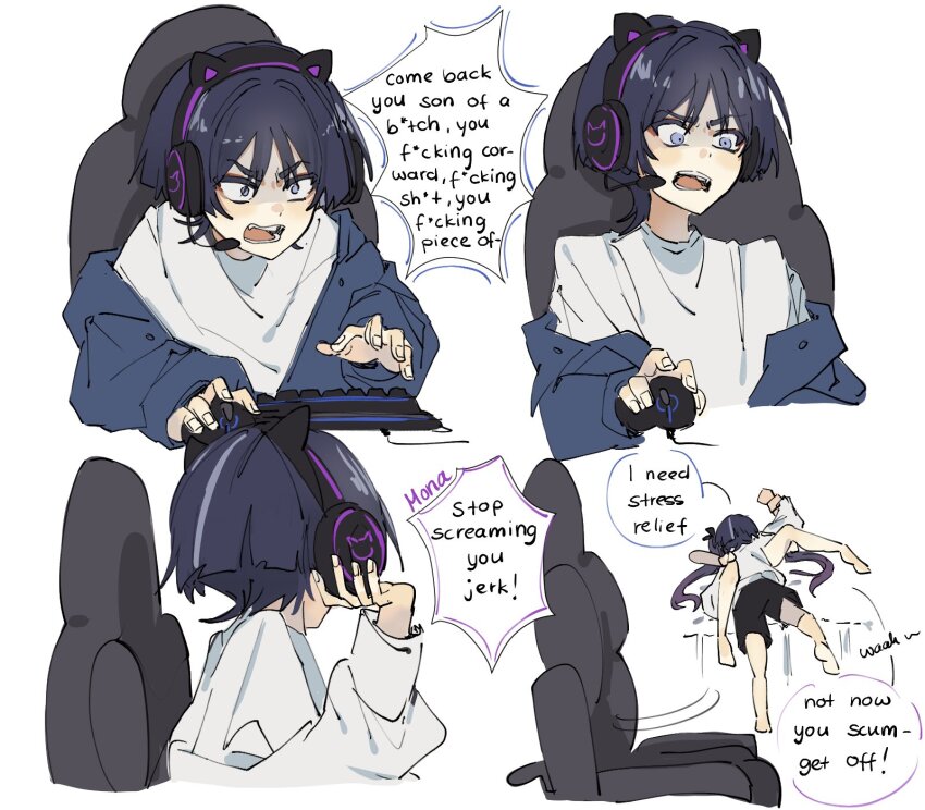 1boy 1girl alternate_costume animal_ear_headphones animal_ears annoyed barefoot black_bow black_hair black_shorts blue_jacket blue_sleeves blunt_ends bow boy_on_top casual cat_ear_headphones chair computer_keyboard computer_mouse constricted_pupils contemporary eyeliner eyeshadow fake_animal_ears fang fingernails frown furrowed_brow gaming_chair genshin_impact hair_bow hair_spread_out hand_up head_down headphones headset hetero highres holding_another&#039;s_wrist holding_computer_mouse jacket long_hair long_sleeves lying makeup mona_(genshin_impact) multicolored_hair on_back on_bed open_mouth partially_shaded_face pouncing profanity red_eyeliner red_eyeshadow scaramouche_(genshin_impact) shirt shorts streaked_hair swivel_chair teeth tongue twintails white_shirt ysnden