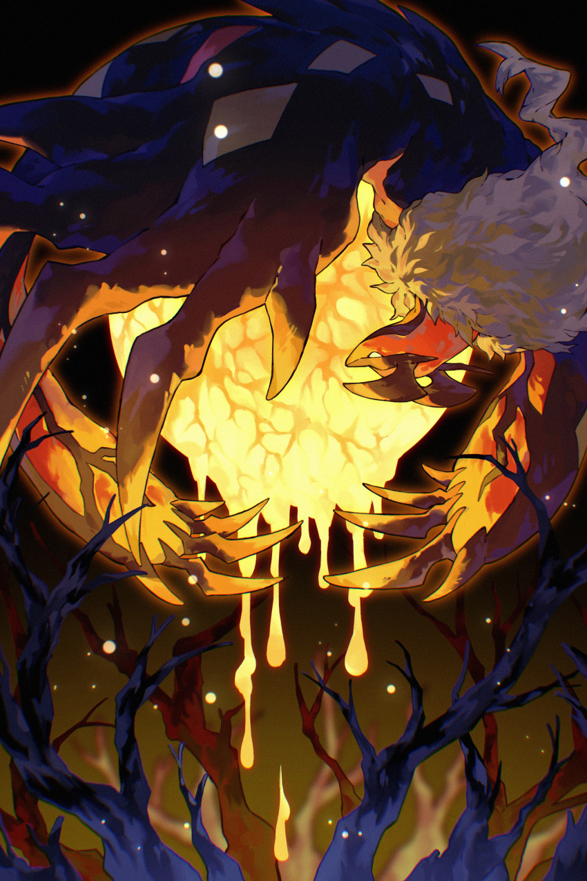 absurdres beak bird claws commentary_request dark_background gen_6_pokemon glowing highres legendary_pokemon nintendo pokemon pokemon_(creature) solo tree upside-down wings withered wulie_errr yveltal