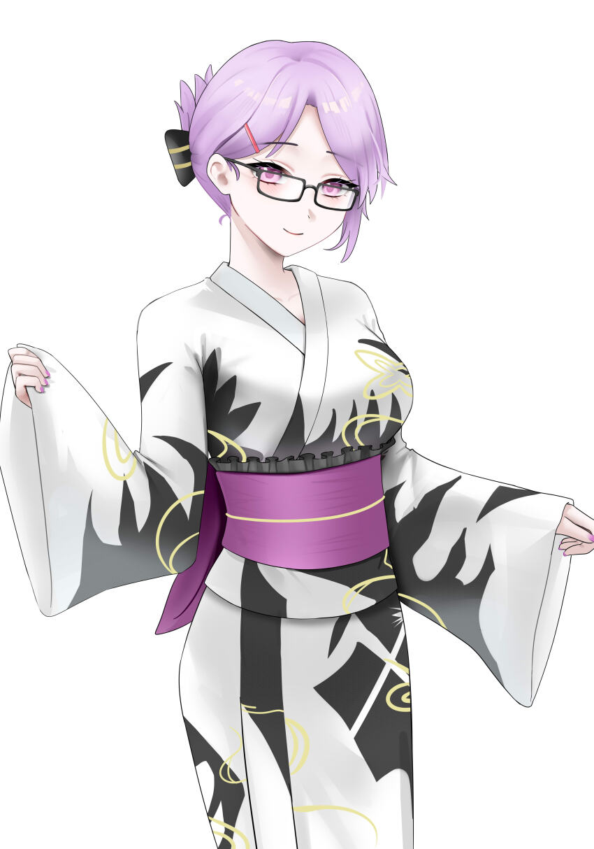 1girl absurdres black_kimono blush breasts cowboy_shot digimon digimon_card_game digimon_world_re:digitize glasses highres japanese_clothes kimono large_breasts mianbaoren mikagura_mirei official_alternate_costume purple_eyes purple_hair simple_background smile solo two-tone_kimono white_background white_kimono